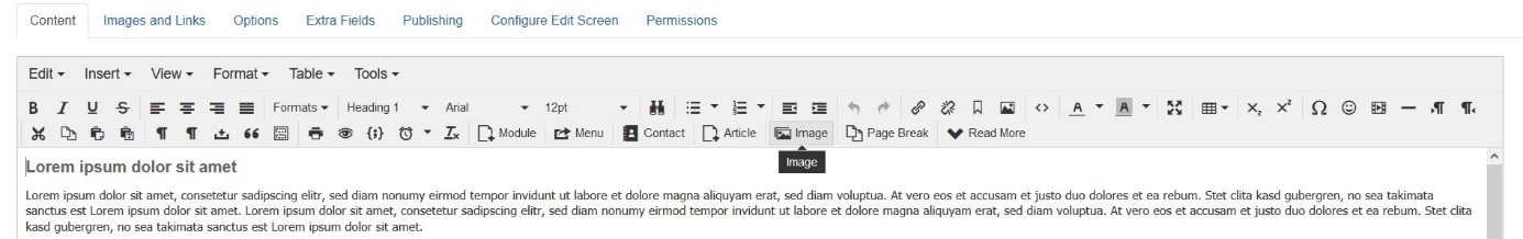 Joomla: barra del menu dell’editor TinyMCE