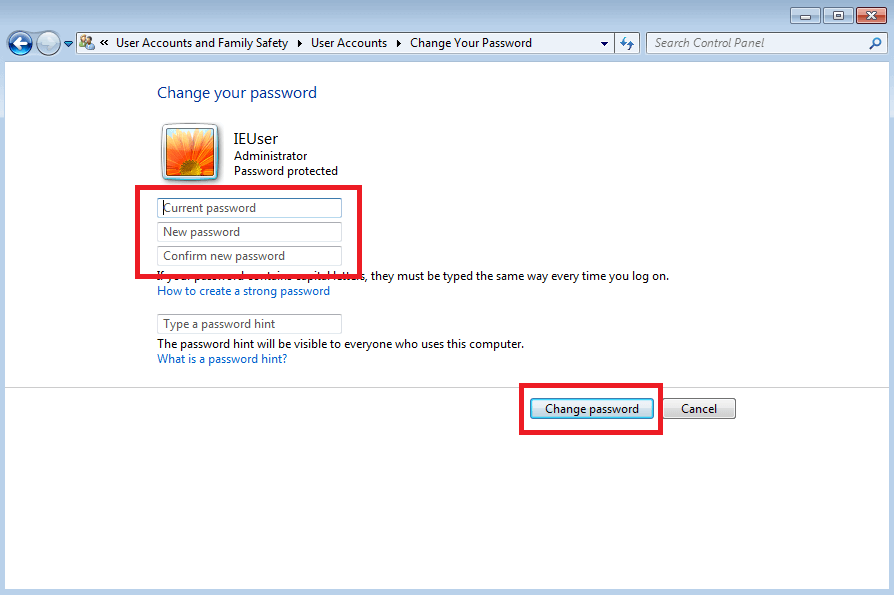 Gestione degli account utente in Windows 7: modifica della password