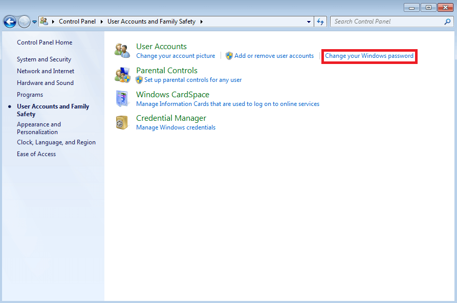 Menu “Account utente e protezione per la famiglia” di Windows 7