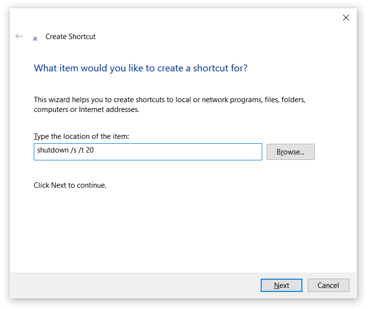 Windows 10: finestra di dialogo “Crea collegamento”