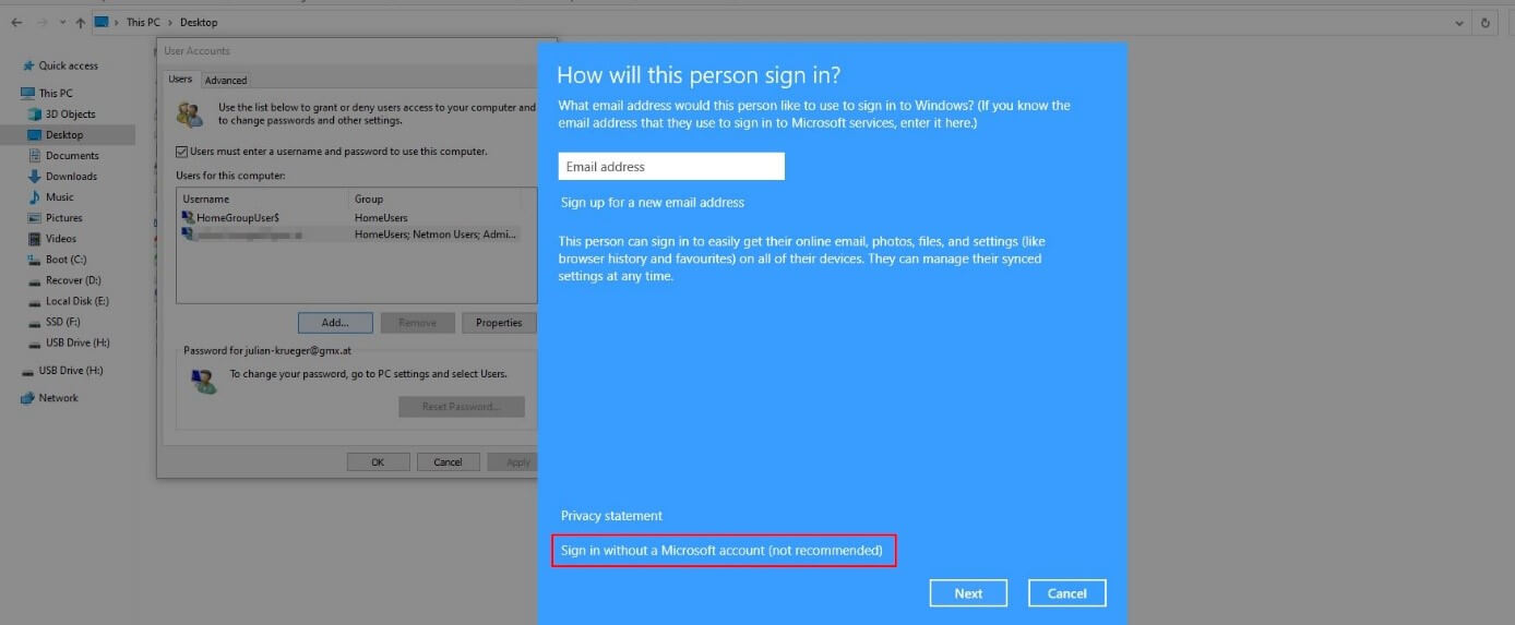 Windows 10: impostazioni della password e finestra di dialogo “Aggiungi account”