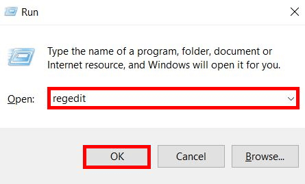 Windows 10: comando “regedit” nella finestra di dialogo Esegui