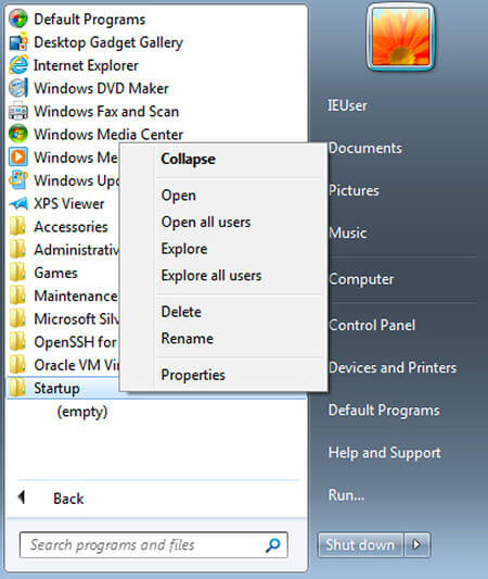 Menu start in Windows 7 con cartella di esecuzione automatica