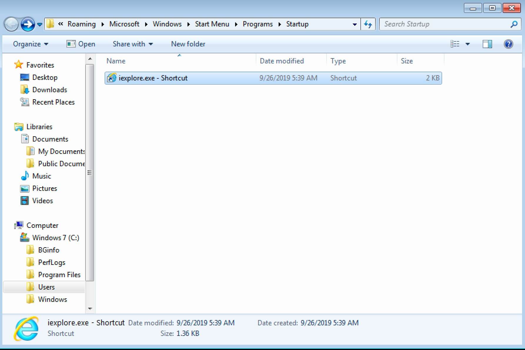 Cartella di esecuzione automatica in Windows 7 con collegamento a Internet Explorer