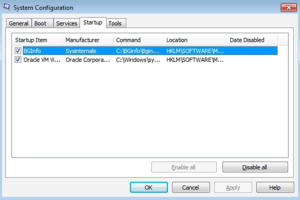 Configurazione del sistema in Windows 7 con programmi a esecuzione automatica