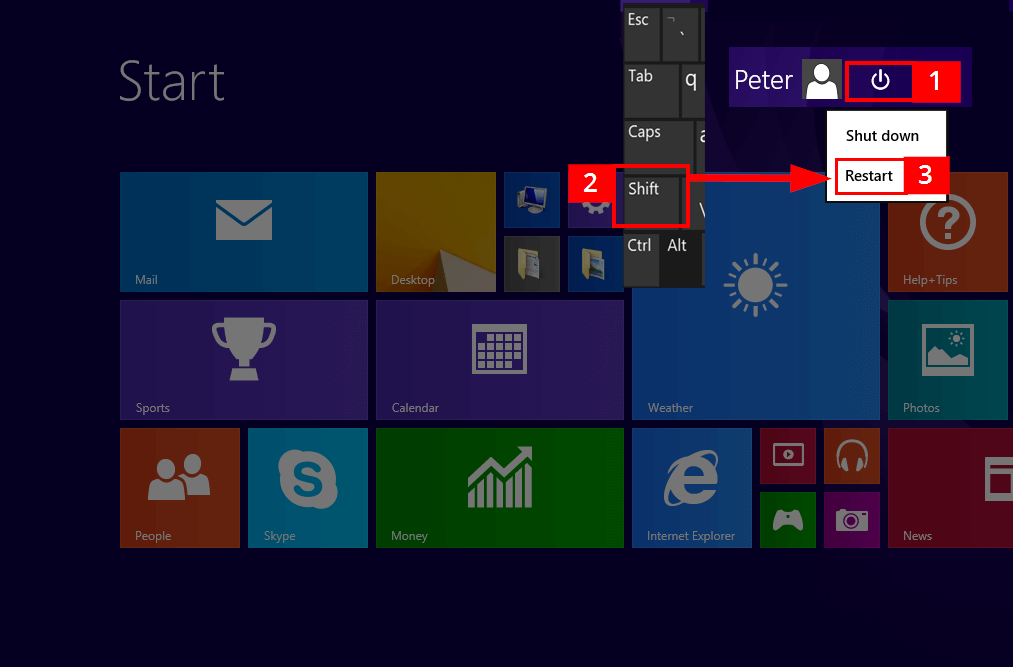 Charm Bar di Windows 8 con l’opzione per il riavvio del sistema