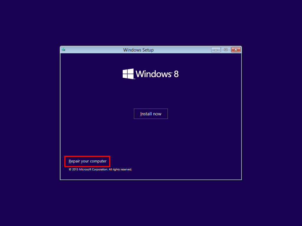 DVD di Windows 8: schermata iniziale con opzioni di ripristino
