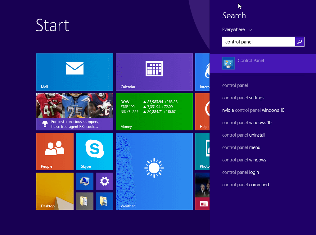 Windows 8 ricerca di “Pannello di controllo”