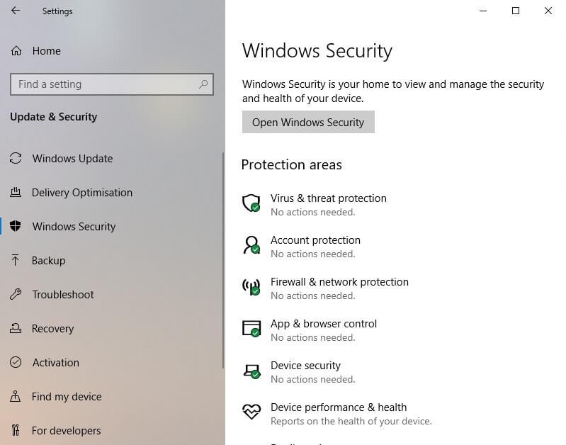Menù Windows Defender Security Center