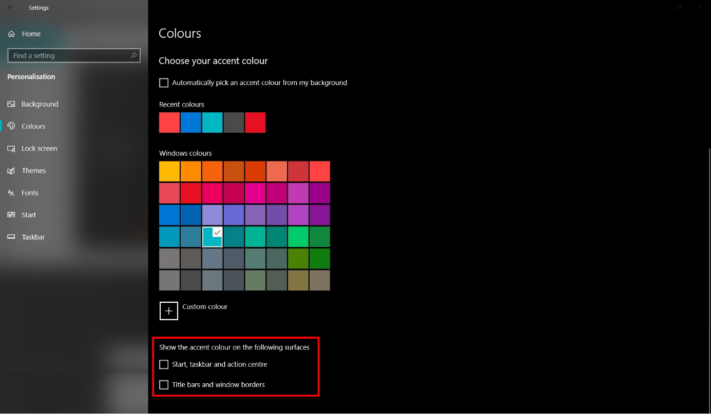 Impostazioni Windows: selezionare il colore principale