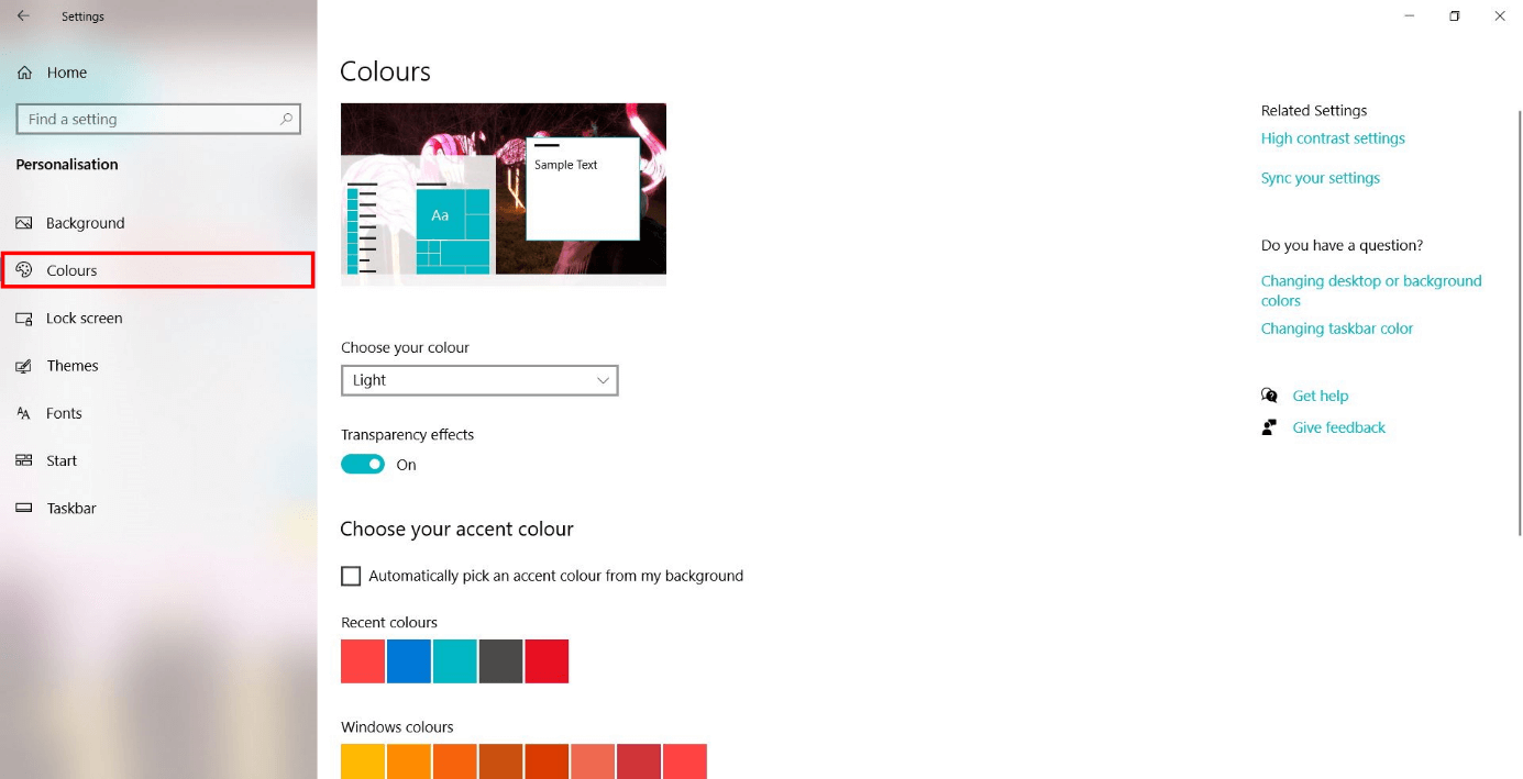 Impostazioni Windows: “Colori”