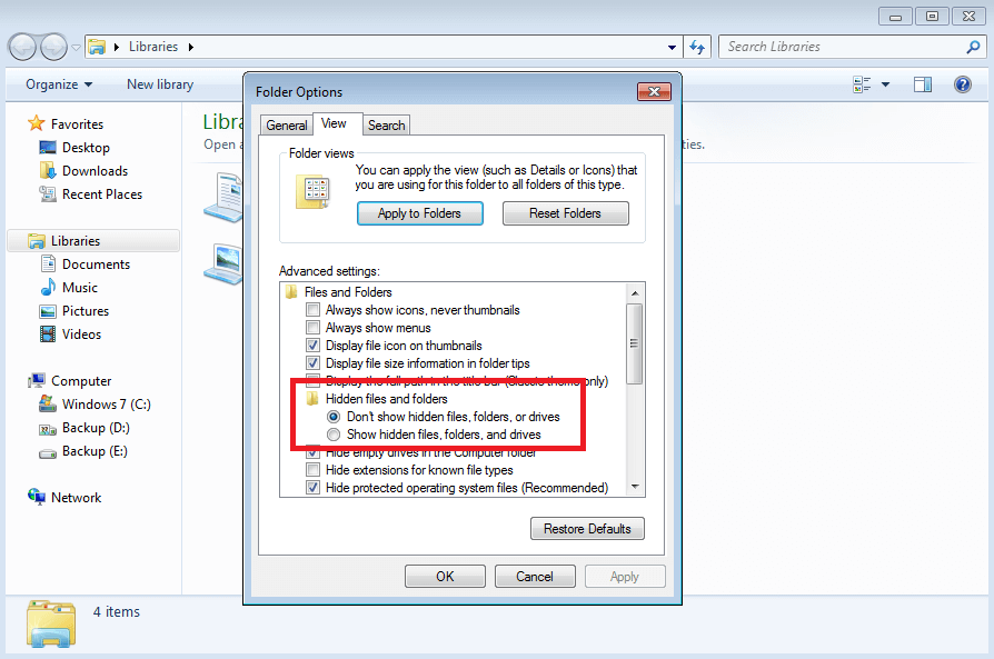 Rendere visibili i file nascosti nelle Opzioni cartella di Windows 7