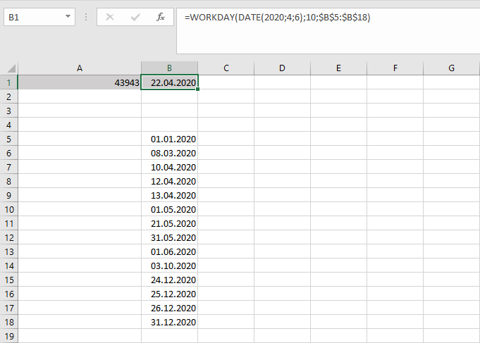 Funzione GIORNO.LAVORATIVO in Excel con elenco di giorni festivi