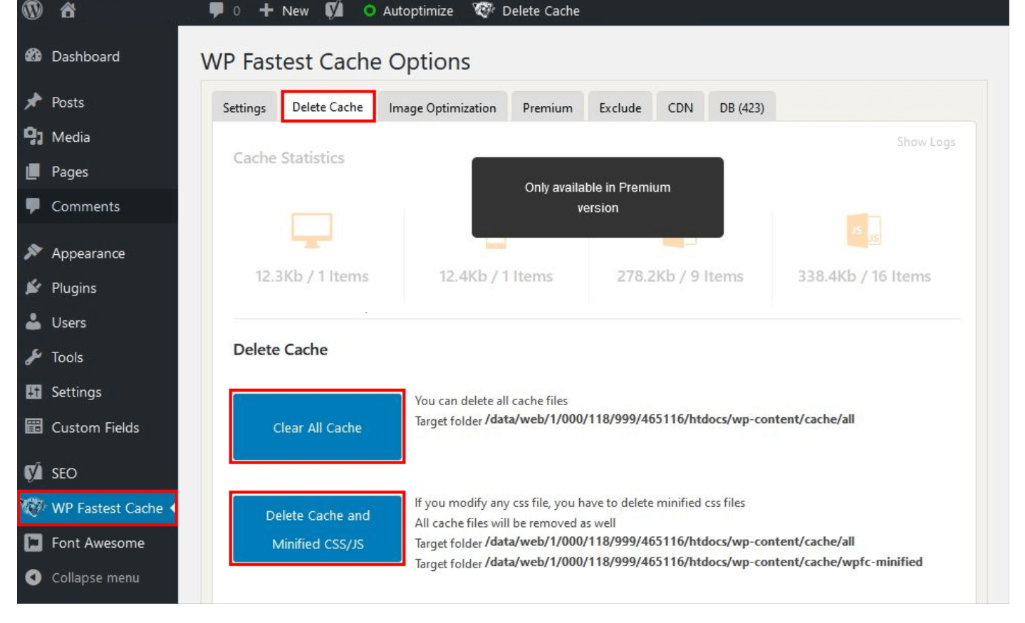 WP Fastest Cache: svuotare la cache di WordPress tramite le impostazioni
