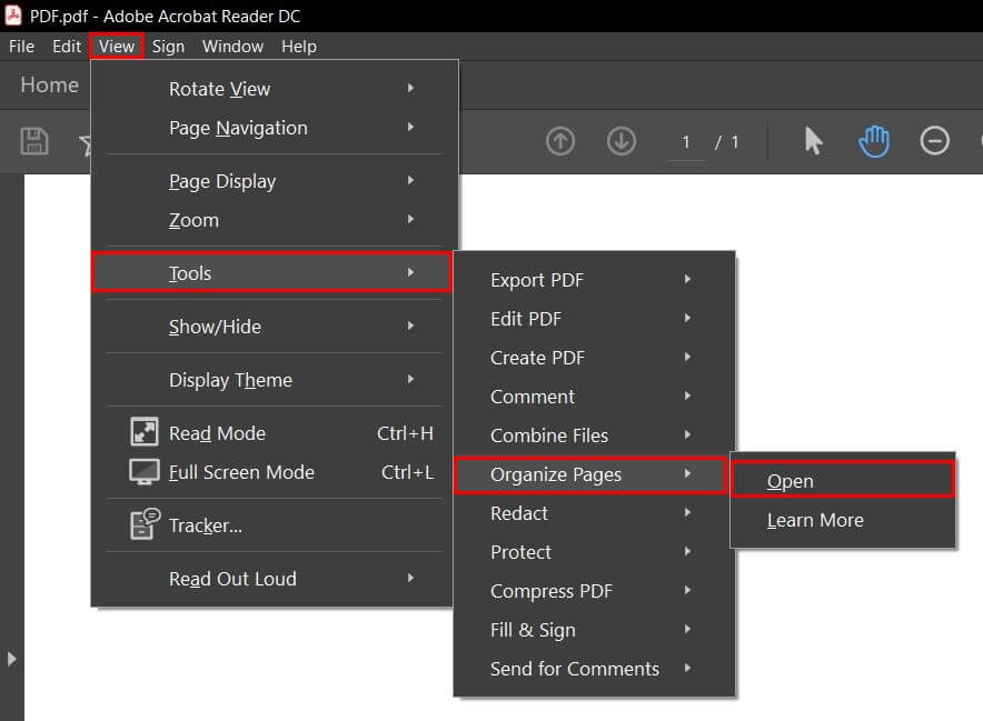 Adobe Acrobat Reader: “Tools” (Strumenti) > “Organize Pages” (Organizza pagine)