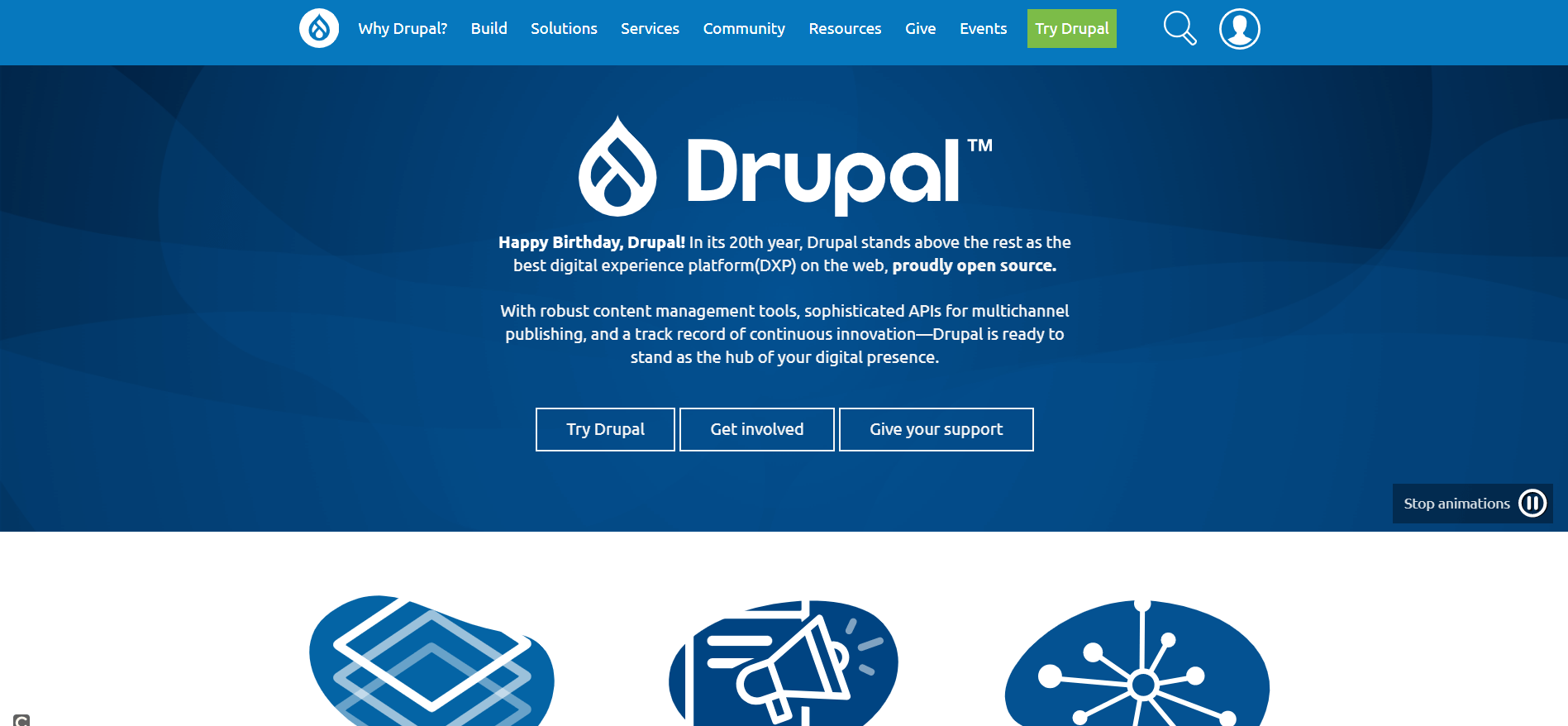 La pagina iniziale del progetto Drupal in inglese