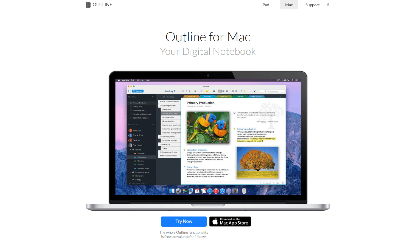 Screenshot del sito di Outline for Mac