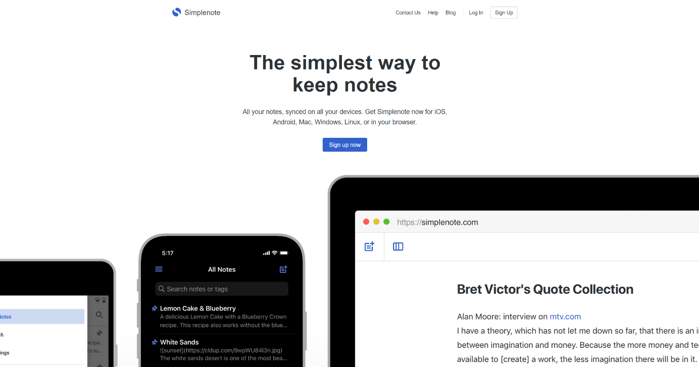 Homepage di Simplenote