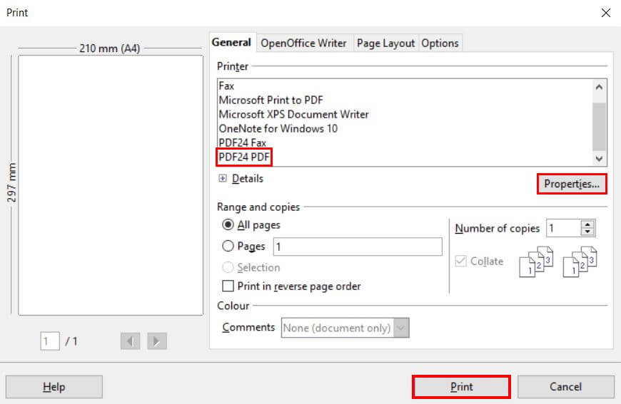 OpenOffice Writer: stampante PDF
