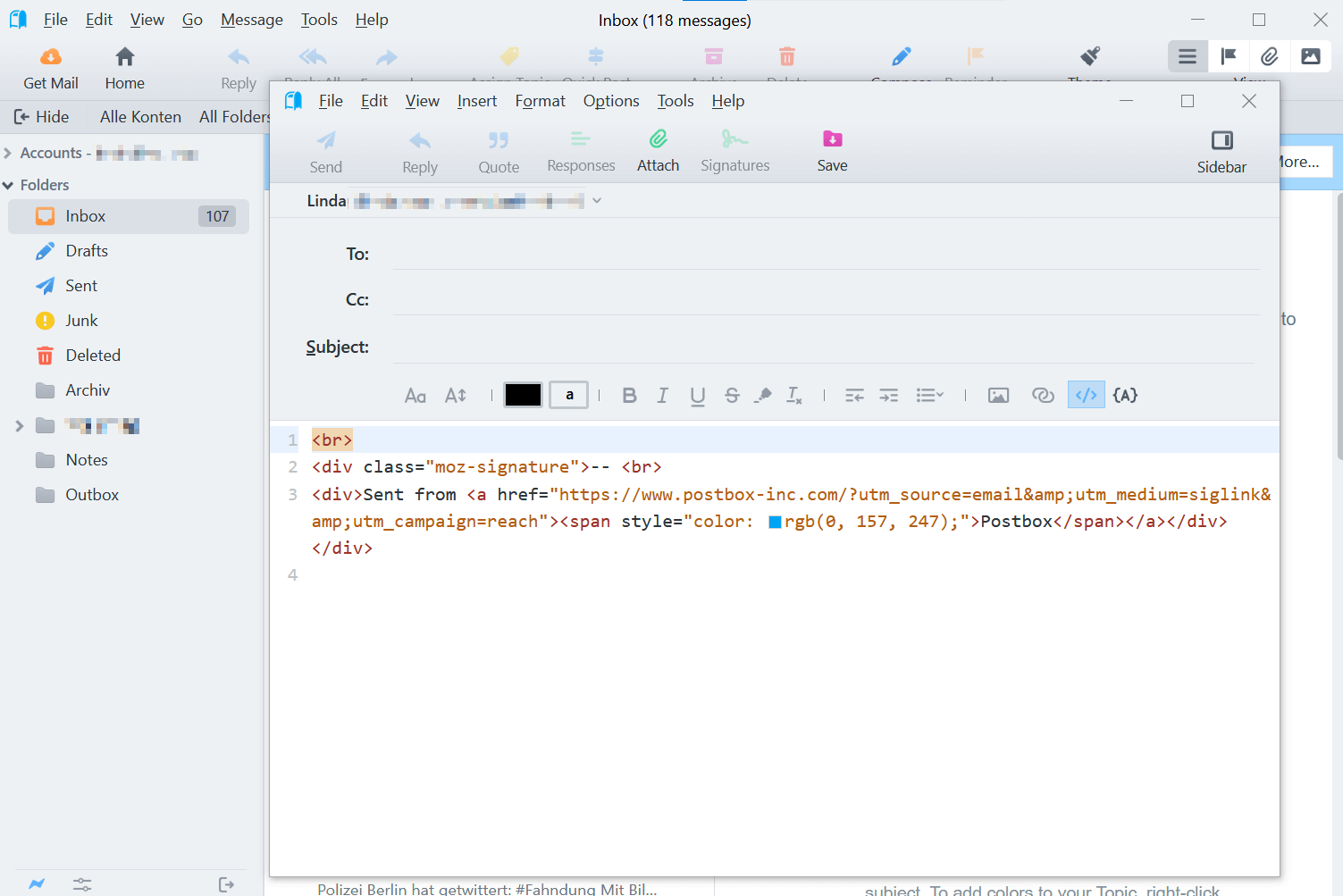 Modalità HTML nella redazione di un’e-mail su Postbox