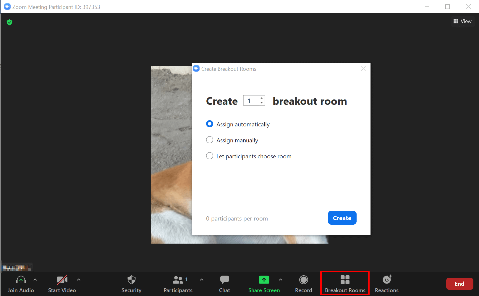 Selezione del numero delle breakout room nell’applicazione Zoom per desktop