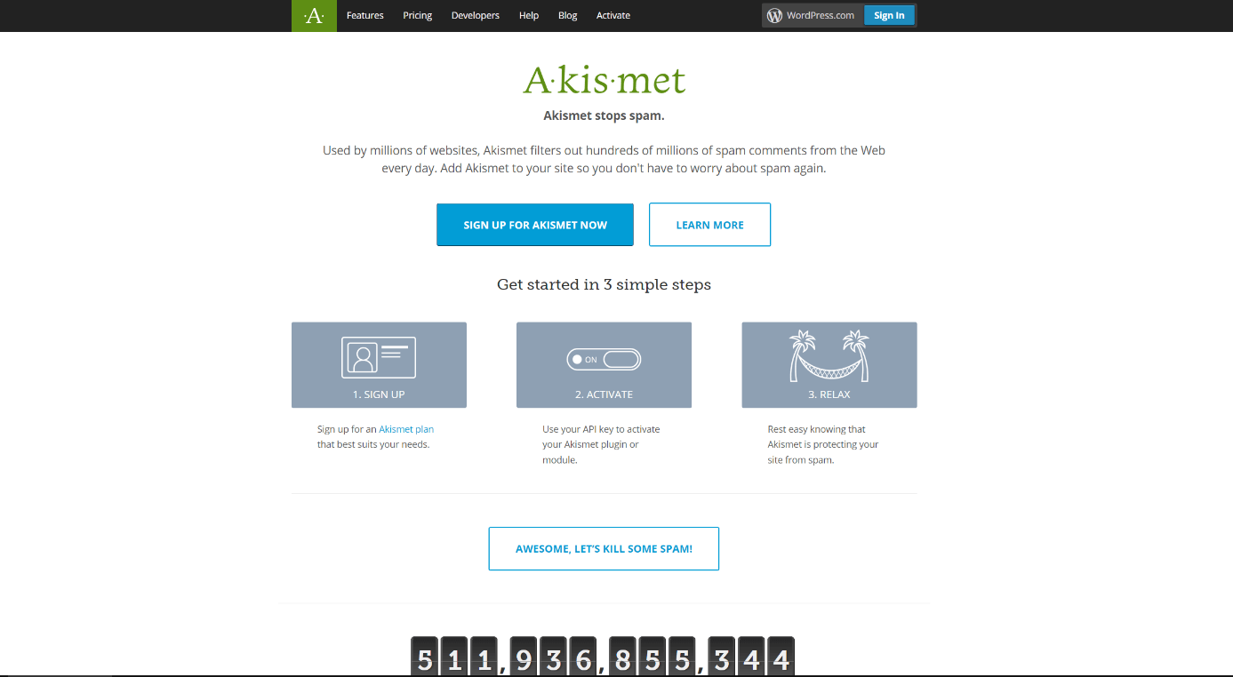 Screenshot del sito di Akismet