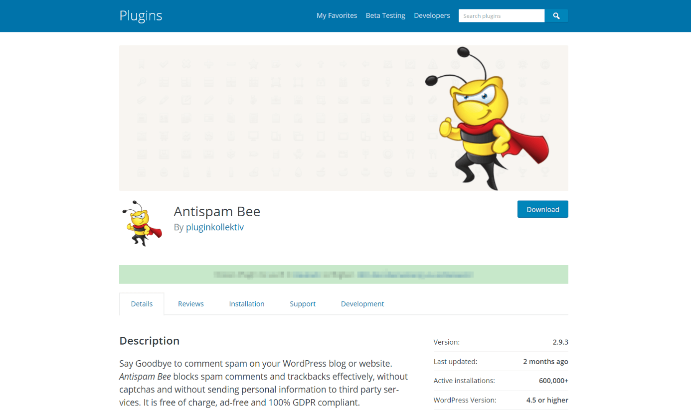 wordpress.org: pagina dei plugin con “Antispam Bee“