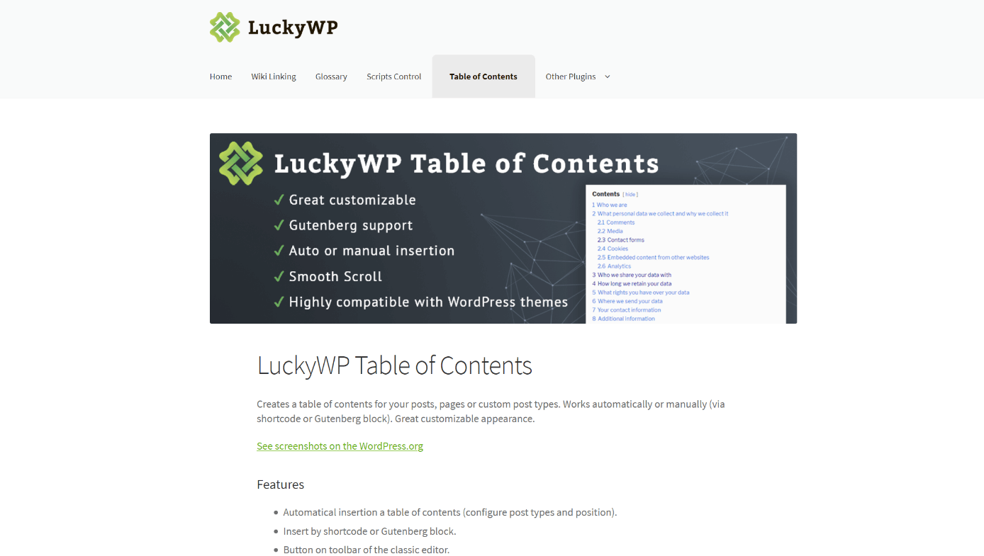 Pagina informativa su “LuckyWP Table of Contents“ sulla pagina dello sviluppatore