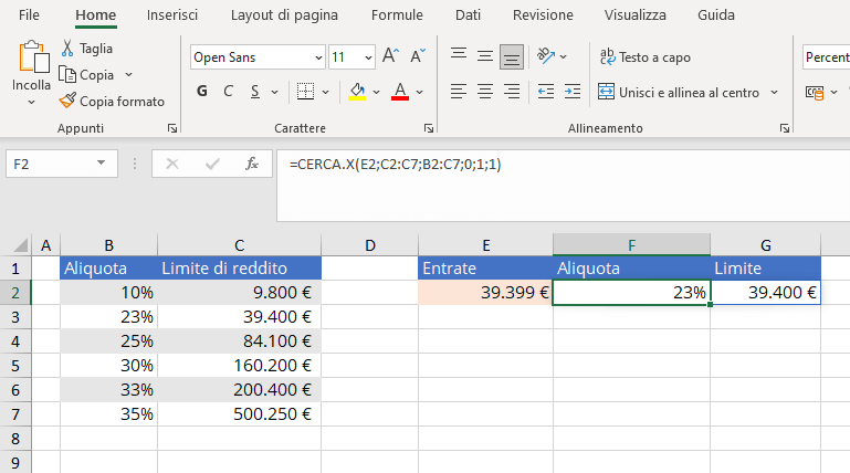 Excel: esempio di CERCA.X con tre argomenti obbligatori e tutti gli argomenti opzionali