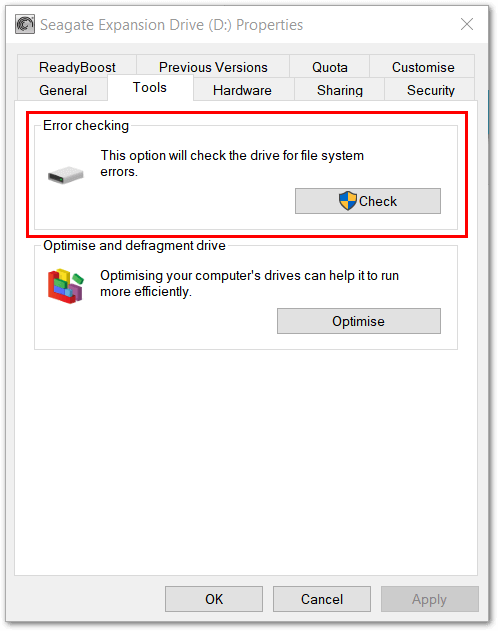 Windows 10: finestra di controllo degli errori del disco