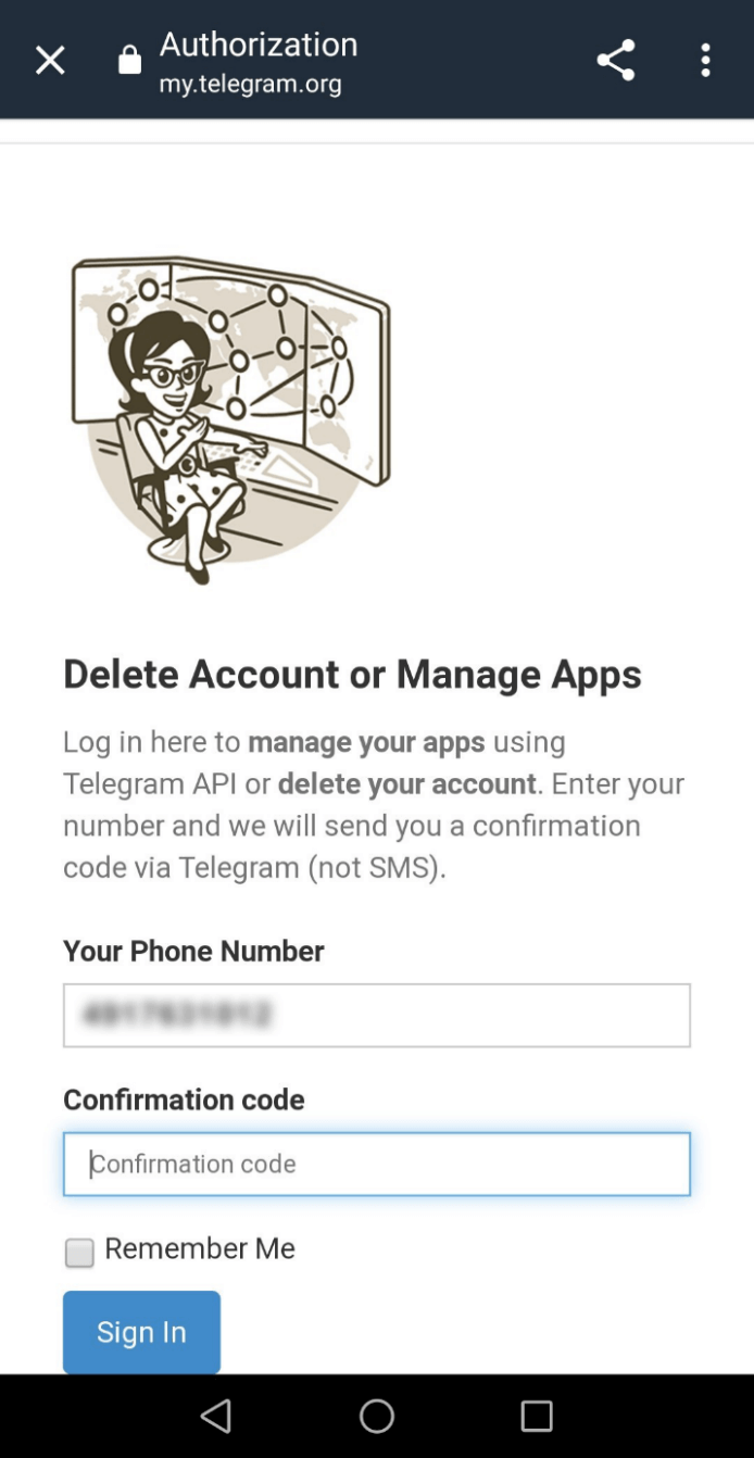 Sito web di Telegram per eliminare l’account: inserimento del codice