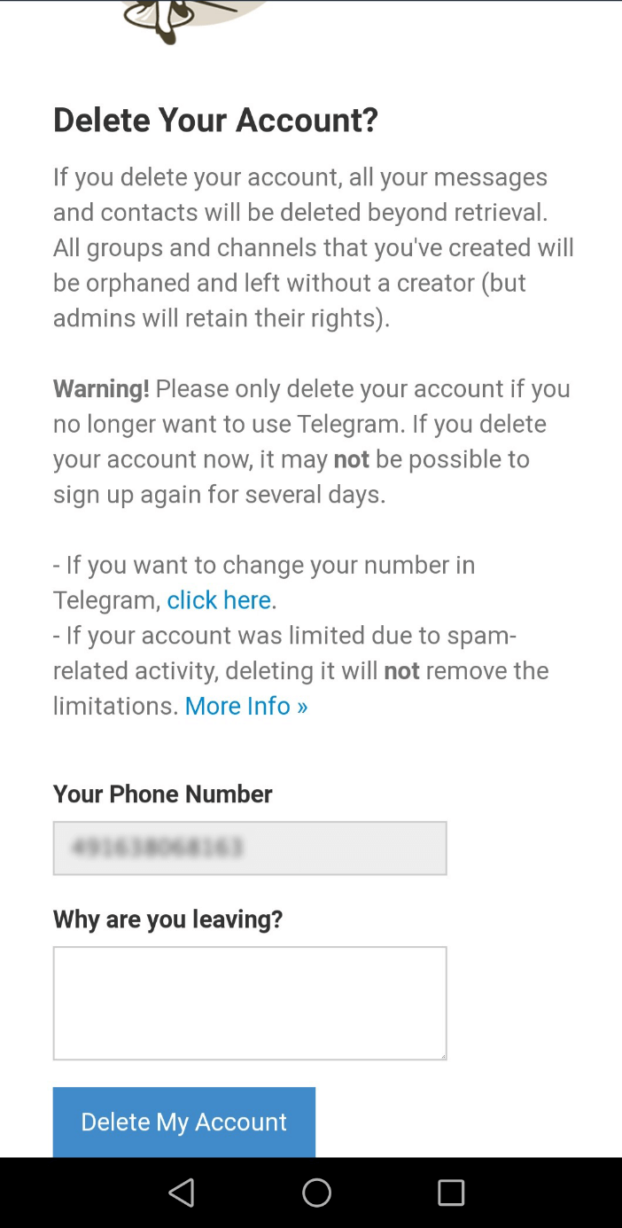 Sito web di Telegram: conferma con “Elimina account"