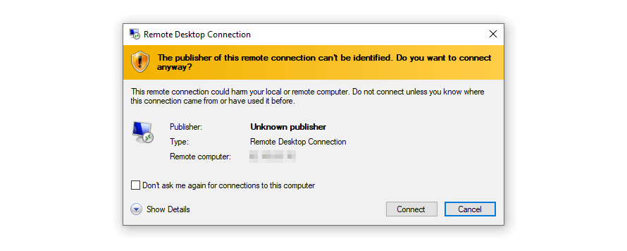 Finestra di dialogo di Windows: stabilire la connessione remota al server
