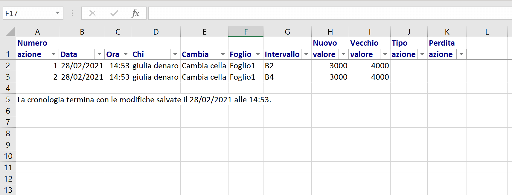 Excel: cronologia mostrata in un foglio di lavoro separato