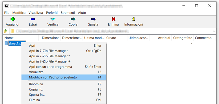 Figura del file Excel, directory “xl\worksheets”, aperto nel programma 7-Zip, con menu di scelta rapida