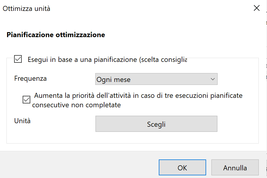 Finestra di dialogo “Ottimizza unità” in Windows 10