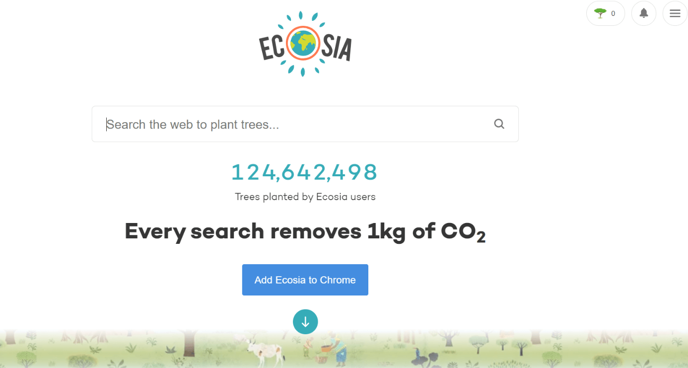 La pagina iniziale del motore di ricerca Ecosia