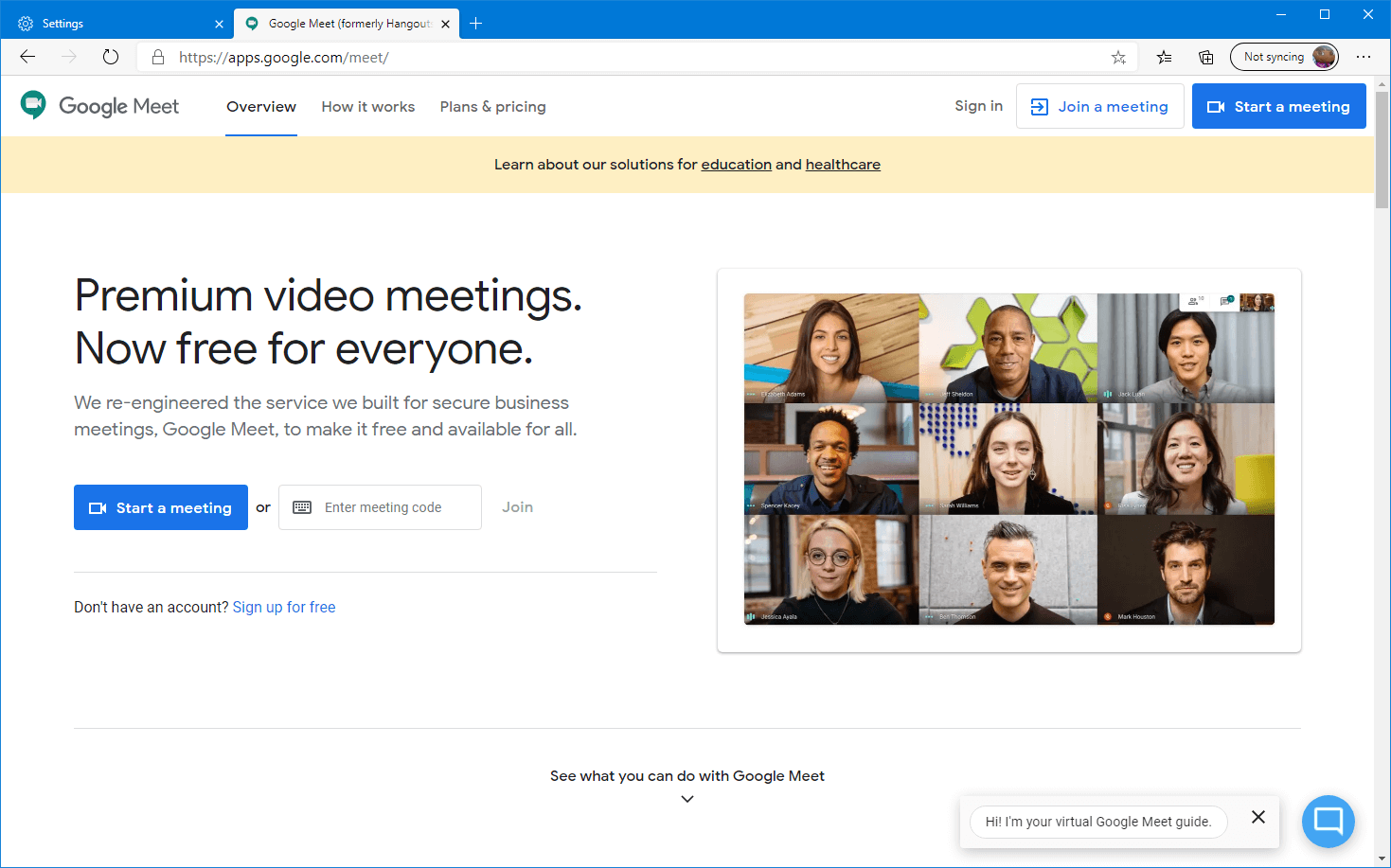 Pagina iniziale di Google Meet