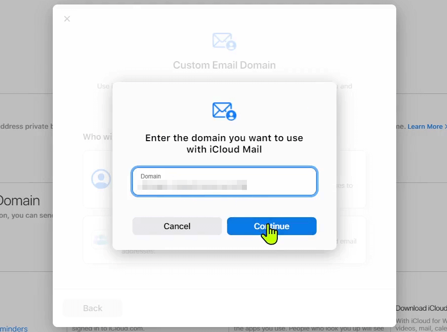 iCloud Mail: scelta del proprio dominio e-mail