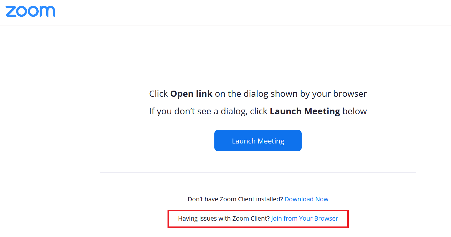Opzione per partecipare a una riunione tramite browser dal sito di Zoom