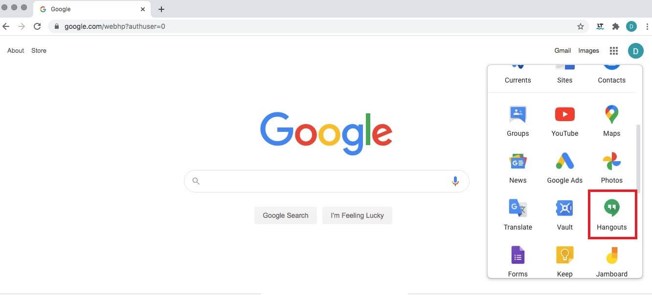 Menu di scelta rapida dei servizi Google nel browser di Chrome