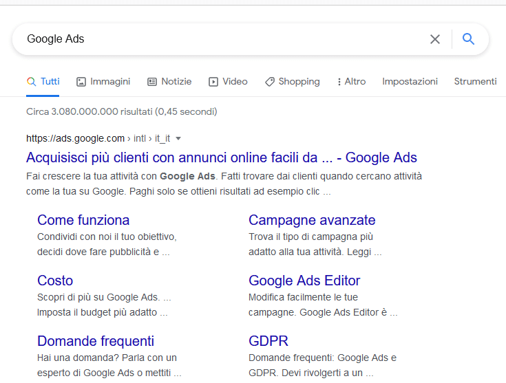 Una pubblicità di Google per Google Ads sulla SERP di Google