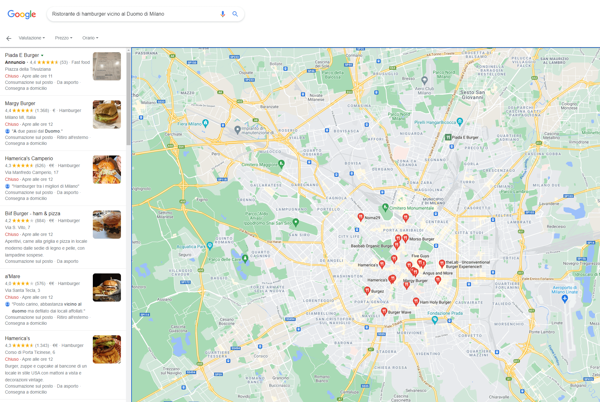 La pagina dei risultati di ricerca Google Maps per il termine "Ristorante di hamburger vicino al Duomo di Milano"