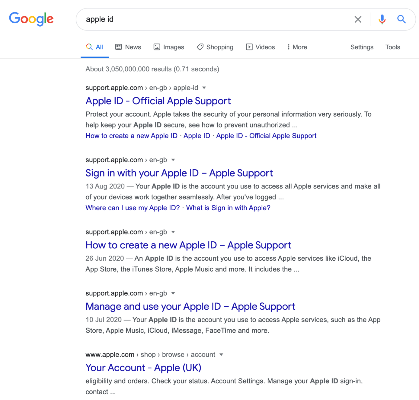 SERP di Google per il termine di ricerca “apple id”