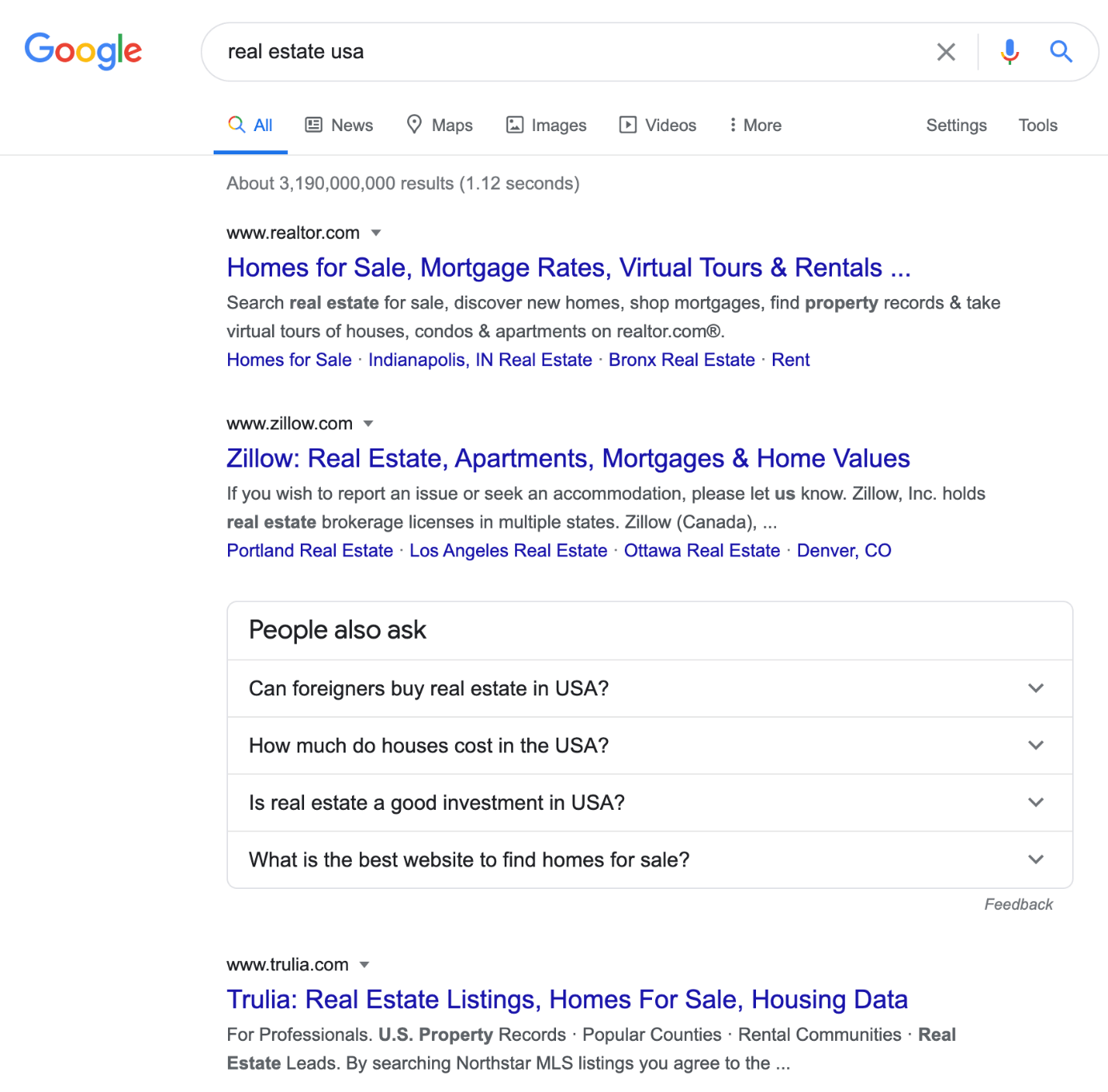 SERP di Google per il termine di ricerca “real estate usa”