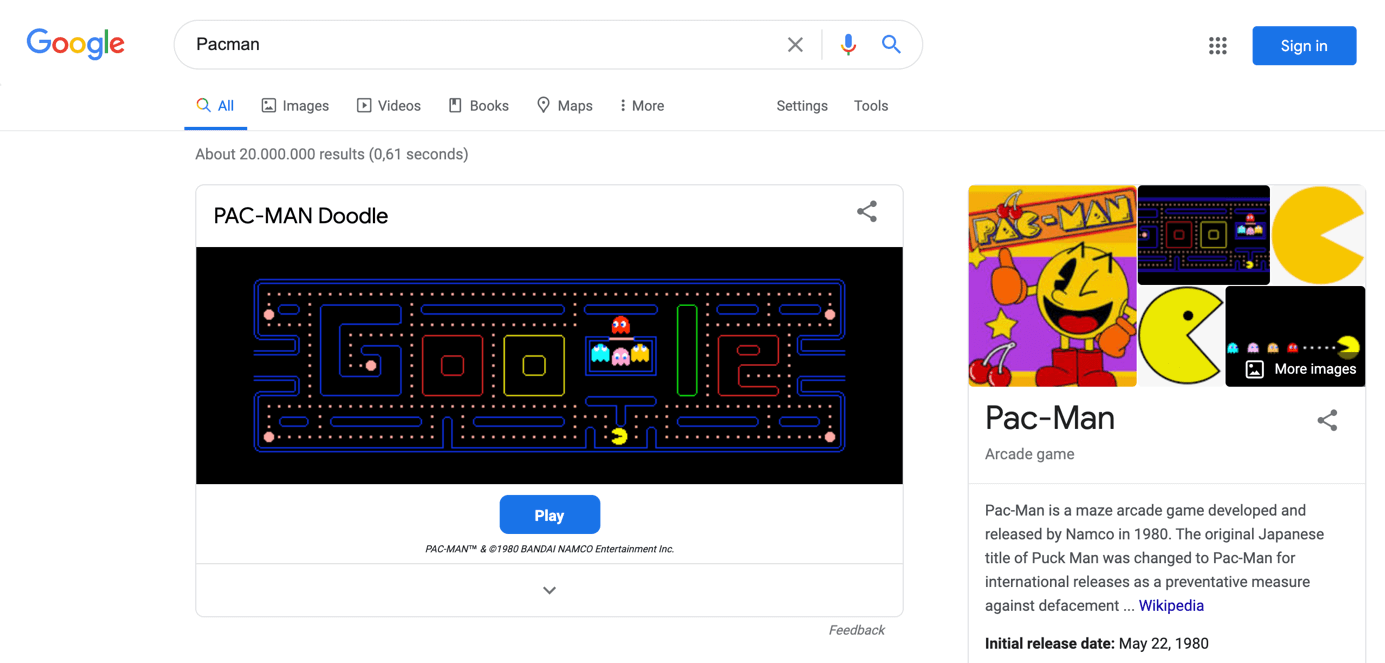 Pacman sulla pagina dei risultati di Google