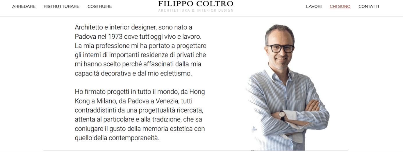 Pagina “Chi sono” dell’architetto e interior designer Filippo Coltro