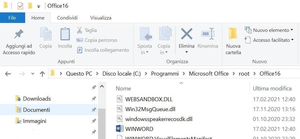 Cartella di Microsoft Office in Esplora file 