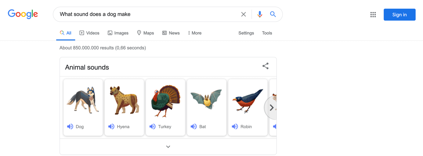 Pagina dei risultati con i versi degli animali su Google