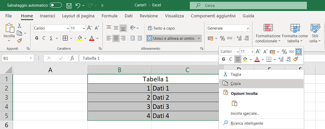 Selezione e copia di una tabella Excel